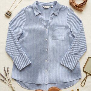 Caffé Marrakesh Blue White Striped Linen Blend Button Down Shirt Large